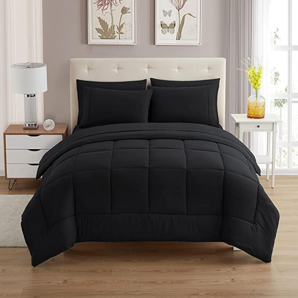 Sweet Home Collection 7 Piece Comforter Set Bag Solid Color All Season Soft Down Alternative Blanket & Luxurious Microfiber Bed Sheets, Black.