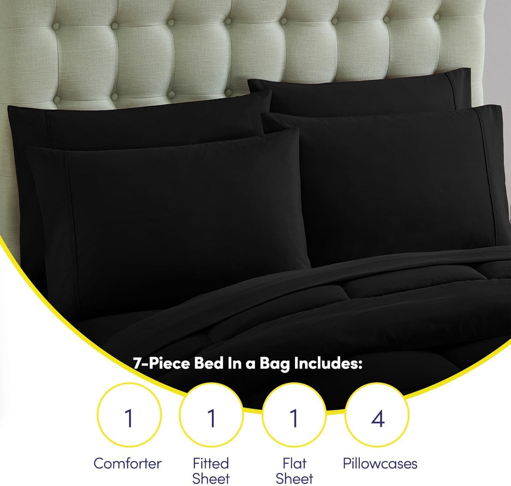 Sweet Home Collection 7 Piece Comforter Set Bag Solid Color All Season Soft Down Alternative Blanket & Luxurious Microfiber Bed Sheets, Black.