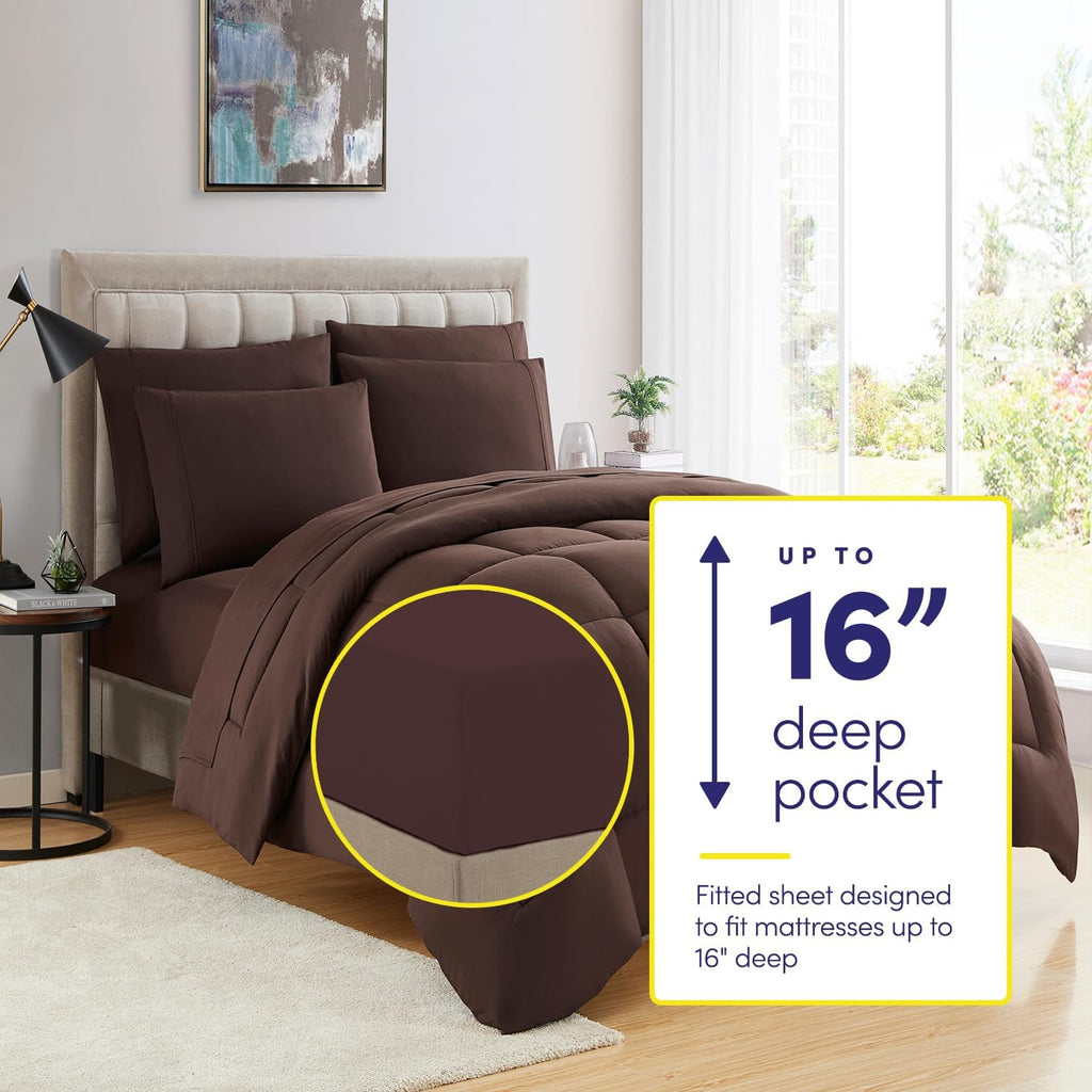 Sweet Home Collection 5 Piece Comforter Set Bag Solid Color All Season Soft Down Alternative Blanket & Luxurious Microfiber Bed Sheets, Brown