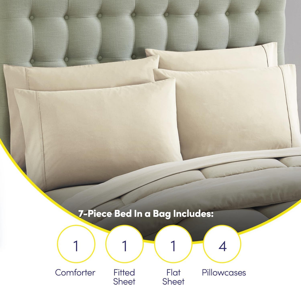Sweet Home Collection 7 Piece Comforter Set Bag Solid Color All Season Soft Down Alternative Blanket & Luxurious Microfiber Bed Sheets, Beige