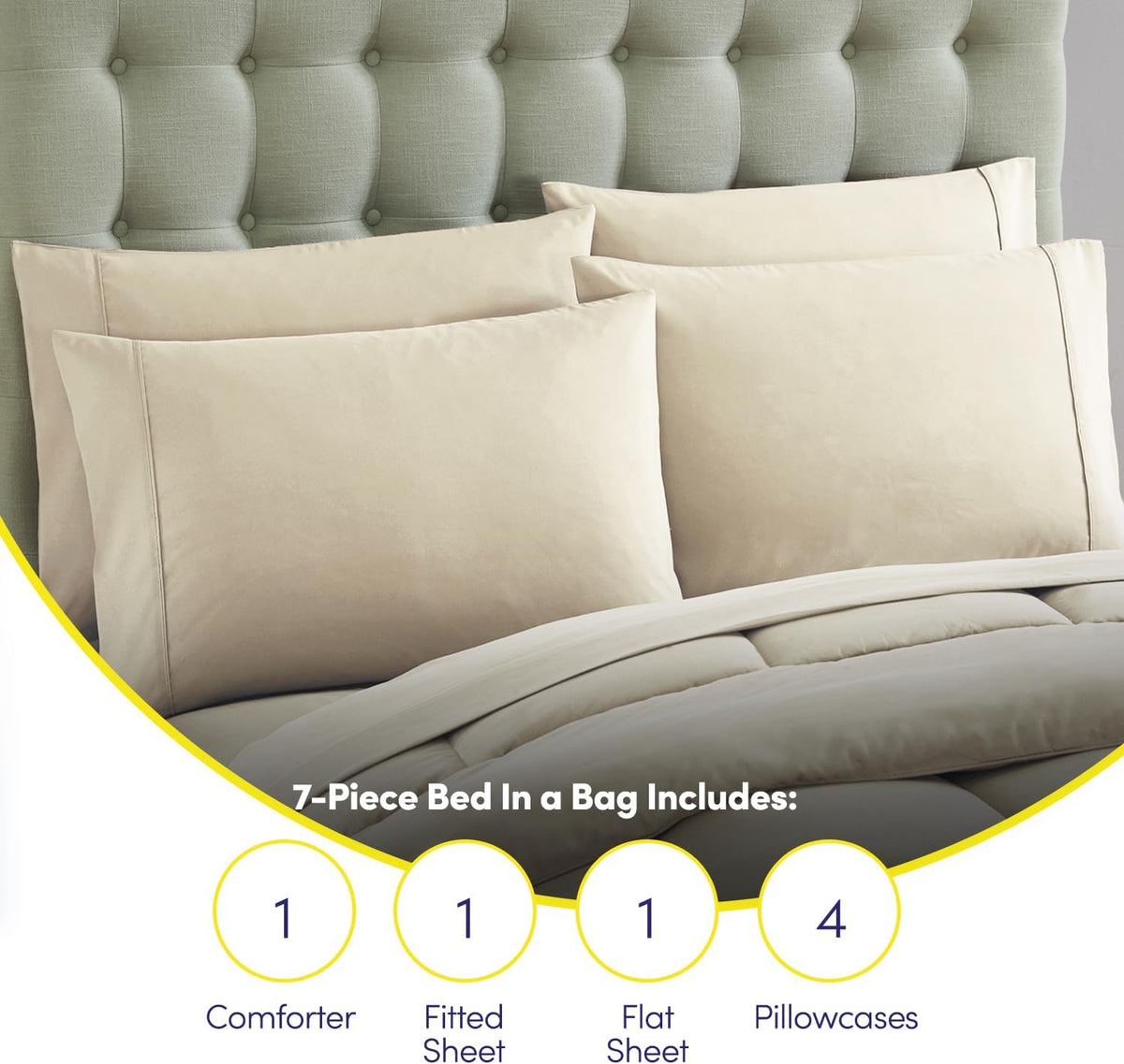 Sweet Home Collection 7 Piece Comforter Set Bag Solid Color All Season Soft Down Alternative Blanket & Luxurious Microfiber Bed Sheets, Beige