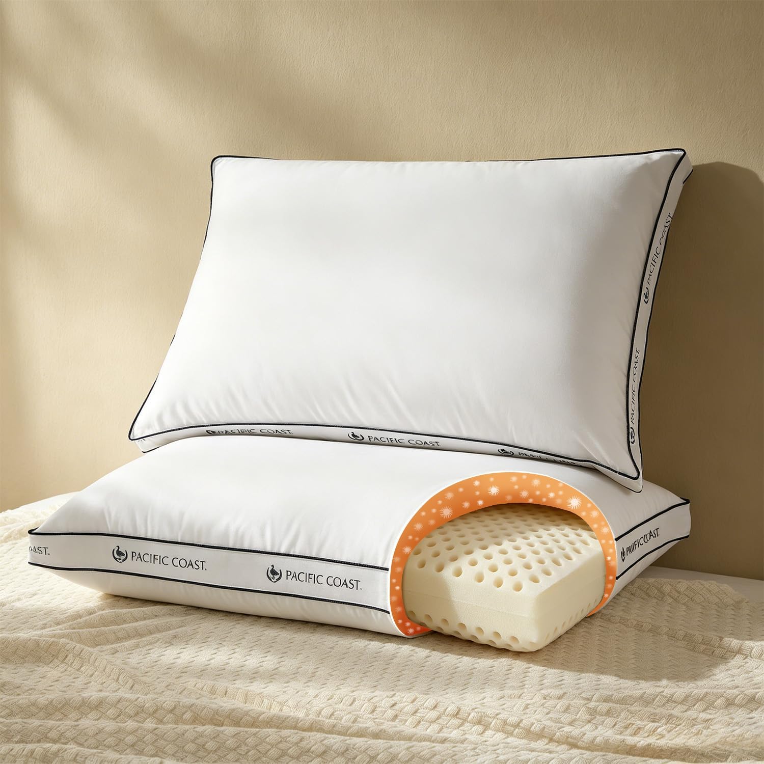 Pacific Coast Sandwich Gusseted Bed Pillows, Goose Down Fiber & Ventilated Perforated Memory Foam Pillow for Side, Back & Combination Sleepers, Medium Firm, Removable & Washable Cover, Queen 2 Pack