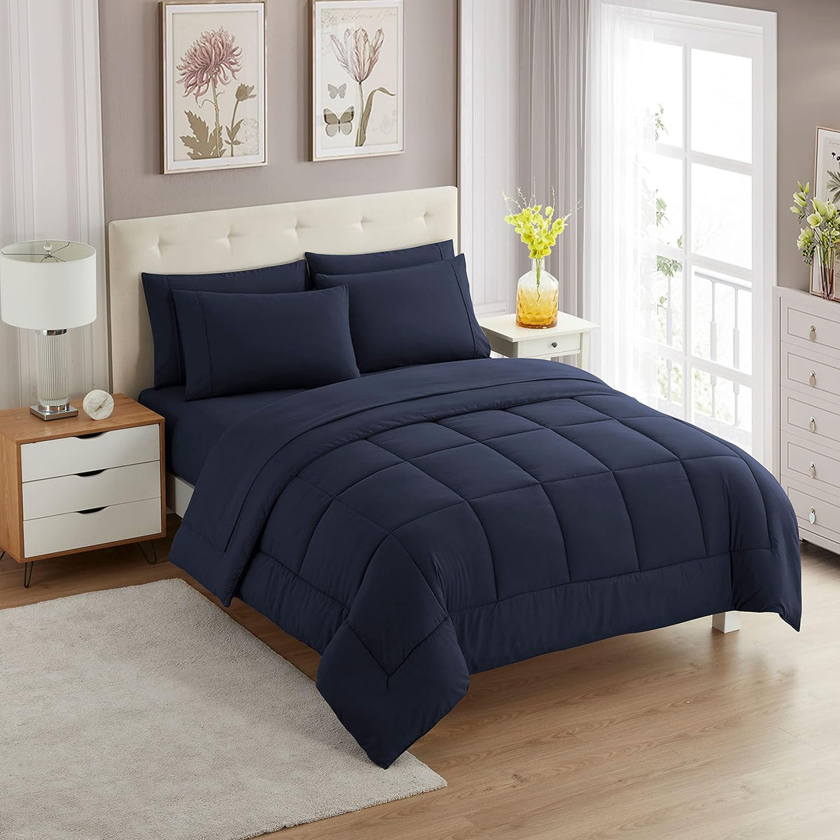 Dark blue comforter Set with Sheets Bed in a Bag – Deep Pocket Fitted Sheet with Elastic Corners, Cozy Comforter, Pillowcases & Shams – Soft Microfiber All Season Bedding – Machine Washable