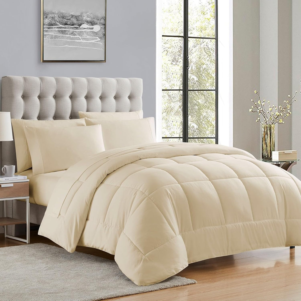 Sweet Home Collection 7 Piece Comforter Set Bag Solid Color All Season Soft Down Alternative Blanket & Luxurious Microfiber Bed Sheets, Beige