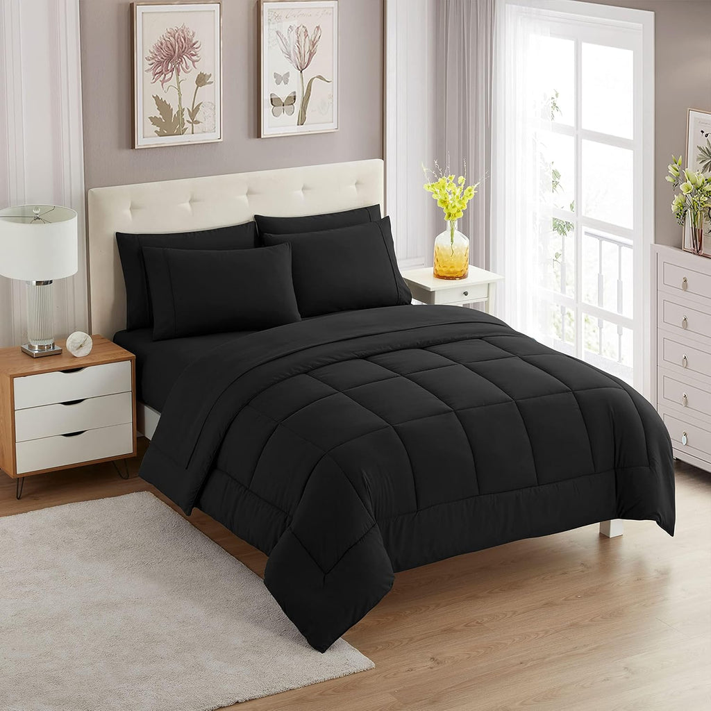 Sweet Home Collection 7 Piece Comforter Set Bag Solid Color All Season Soft Down Alternative Blanket & Luxurious Microfiber Bed Sheets, Black.