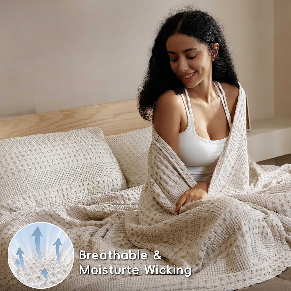 PHF Lightweight 100% Cotton Waffle Blanket for Bed, Light Taupe