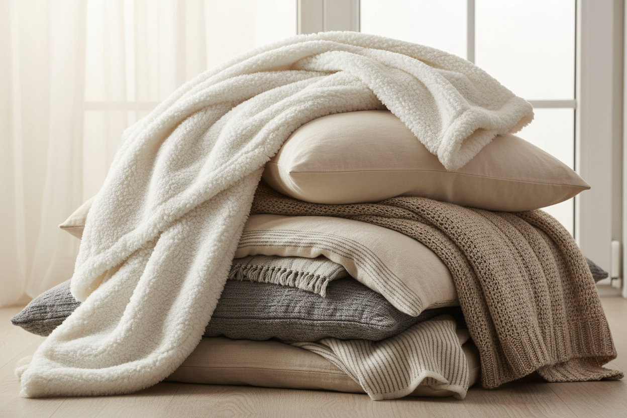 Cozy stack of pillows and blankets