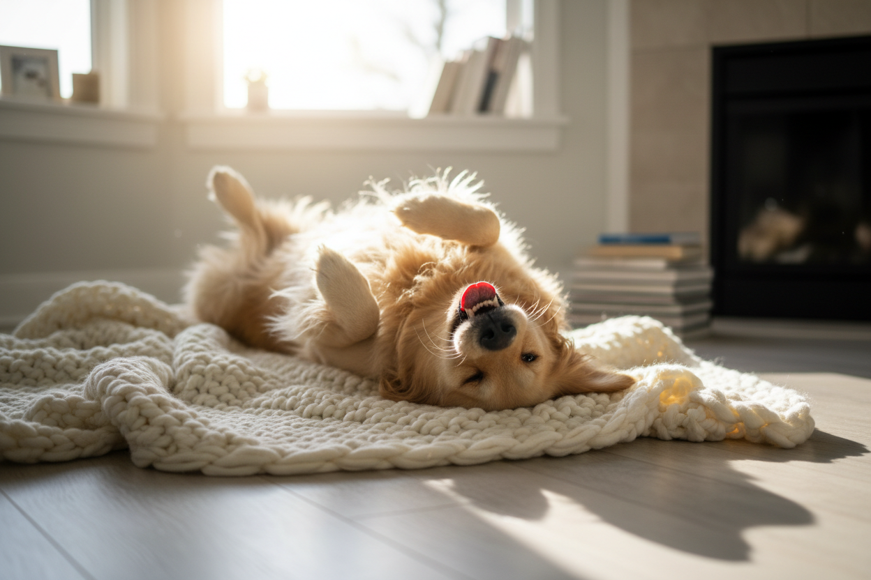 Dog rolling on cozy blanket
